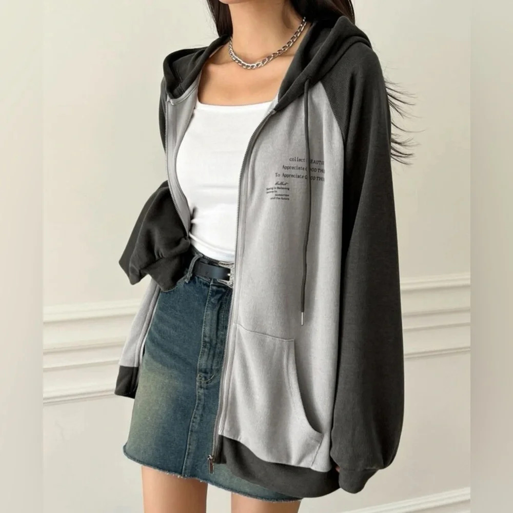 DAZY Sleeve Zip Up Drawstring Hoodie‎